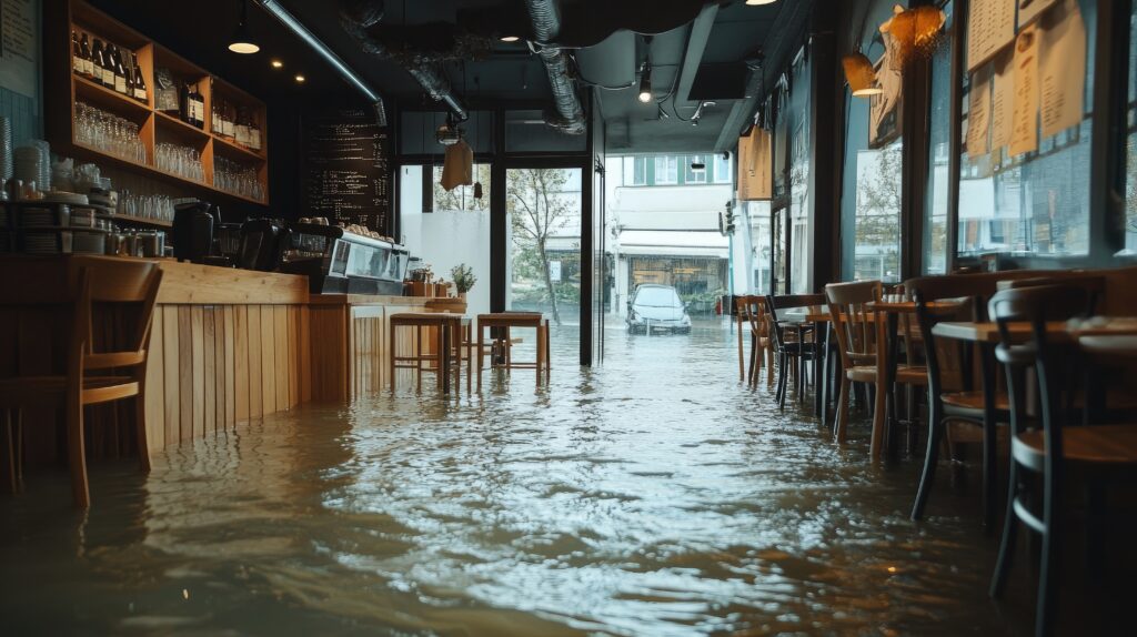 Flooded restaurant after storm showing severe water damage